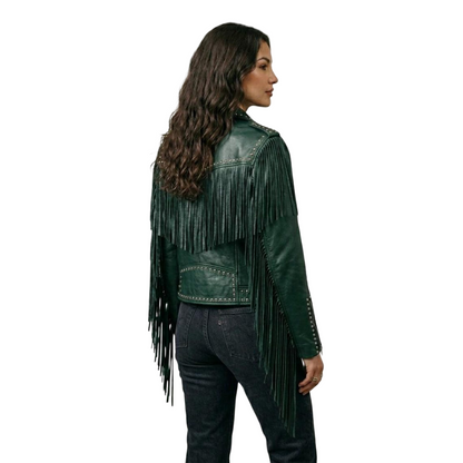 Back view of green western studded moto leather jacket with long fringe

