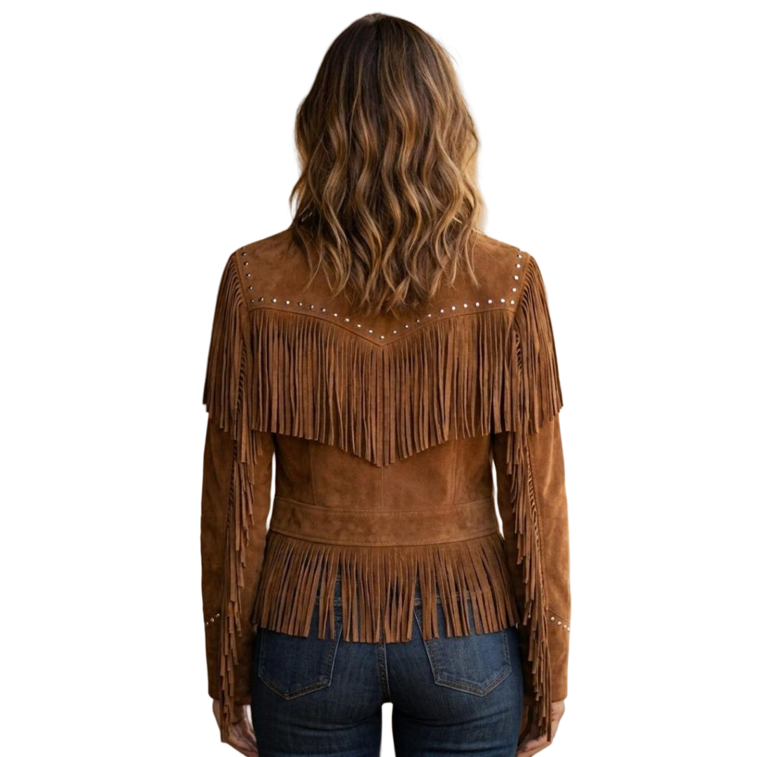  Back view of western suede fringe jacket women with flowing tassels