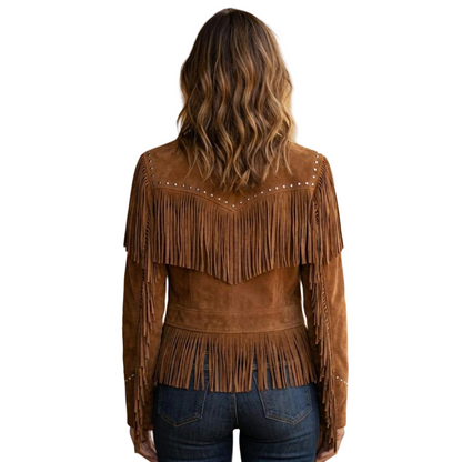  Back view of western suede fringe jacket women with flowing tassels