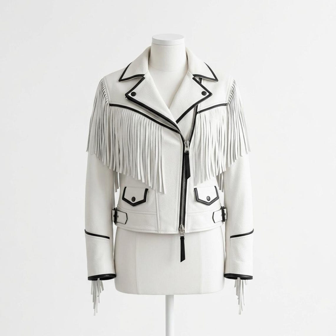 Women wearing white fringe leather biker jacket front view slim fit design