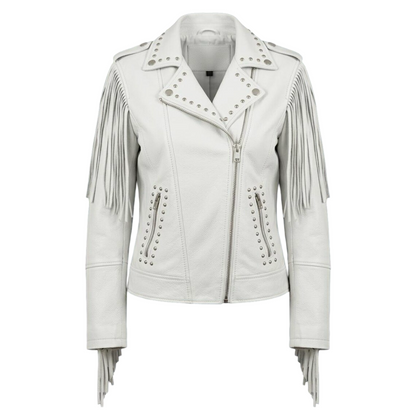 Front view of women white fringe studded leather biker jacket slim fit moto style

