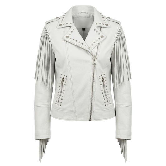 Front view of women white fringe studded leather biker jacket slim fit moto style

