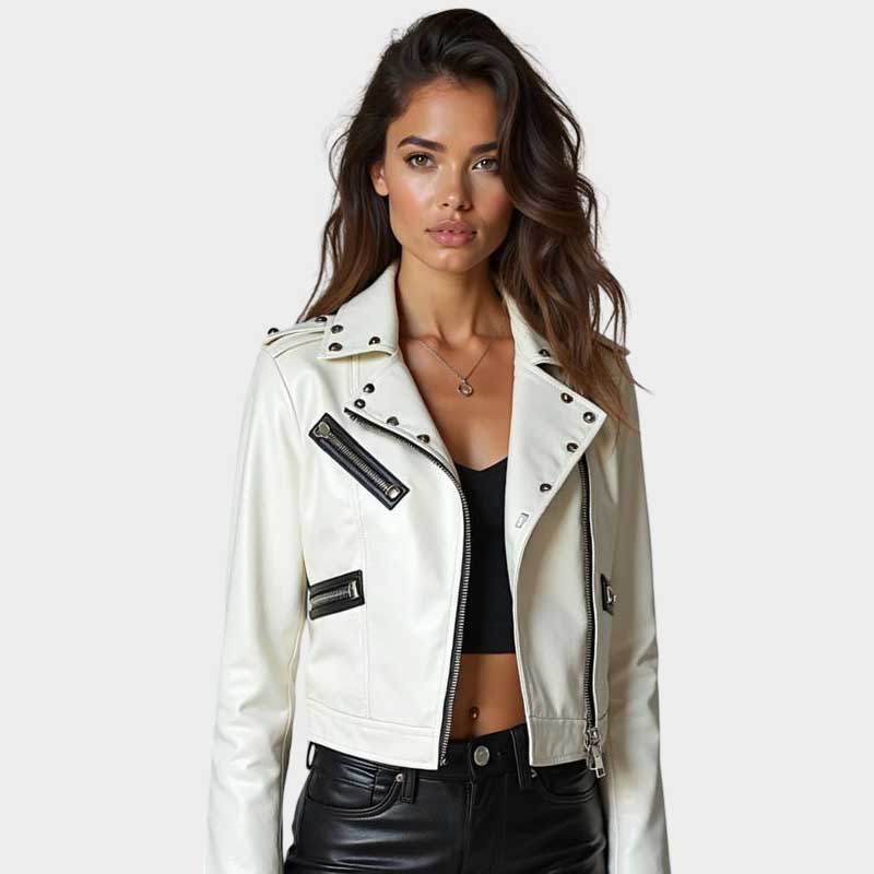 Handmade White Leather Biker Jacket Women with Black Spider Web Design
