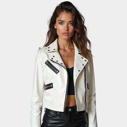 Handmade White Leather Biker Jacket Women with Black Spider Web Design
