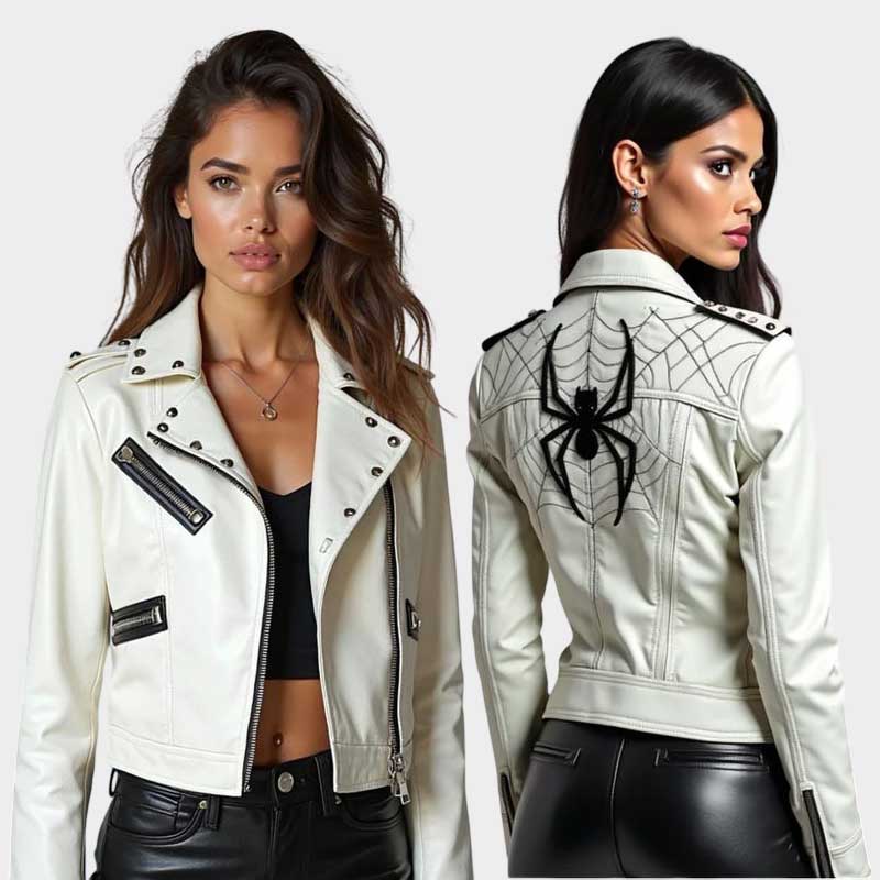 Handmade White Leather Biker Jacket Women with Black Spider Web Design