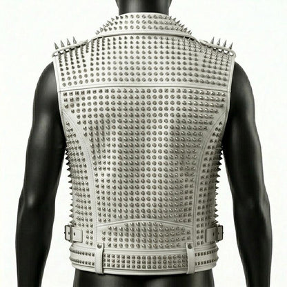 Back design of white studded leather biker vest for men