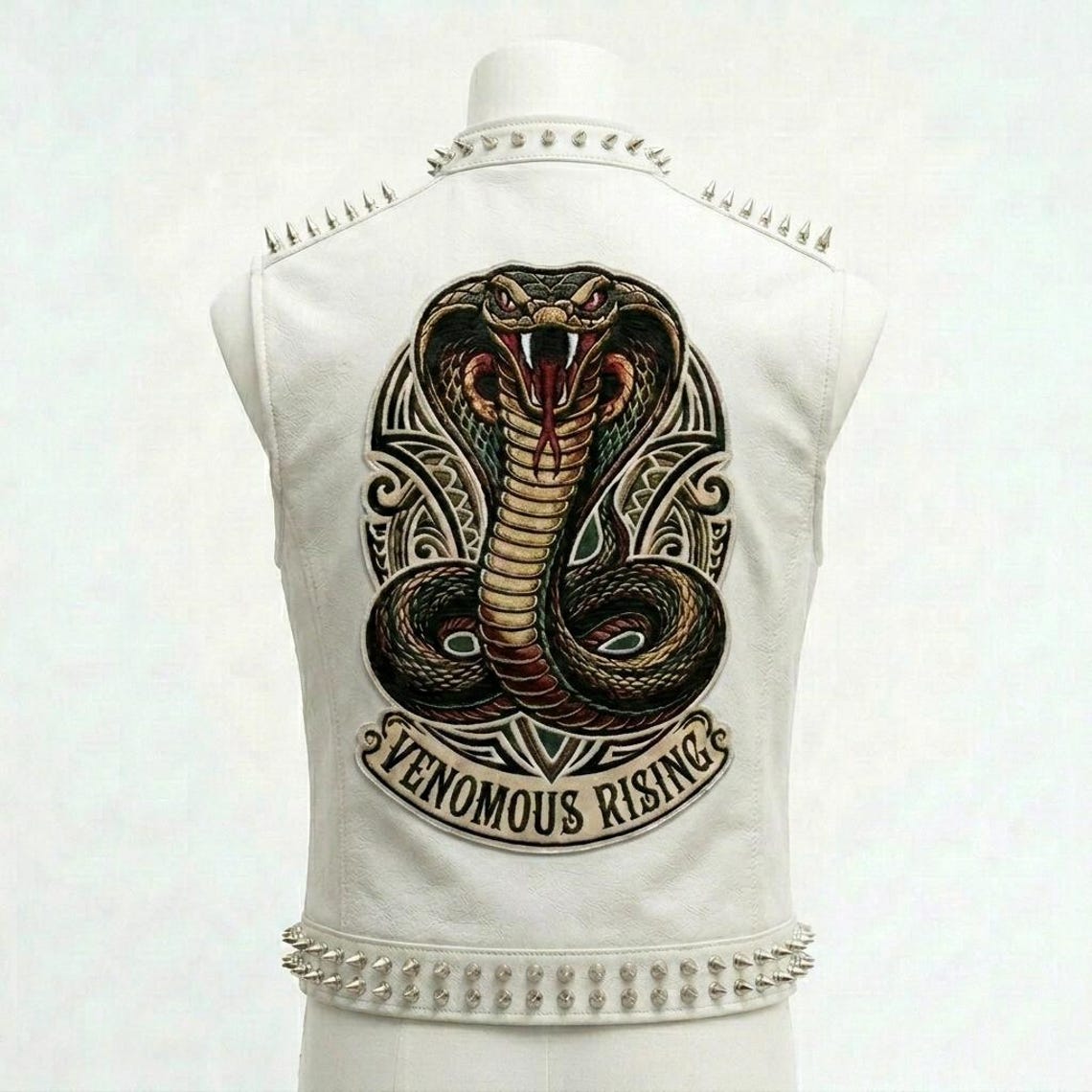  Back embroidery detail on white leather biker vest for men