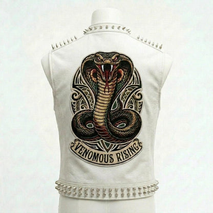  Back embroidery detail on white leather biker vest for men