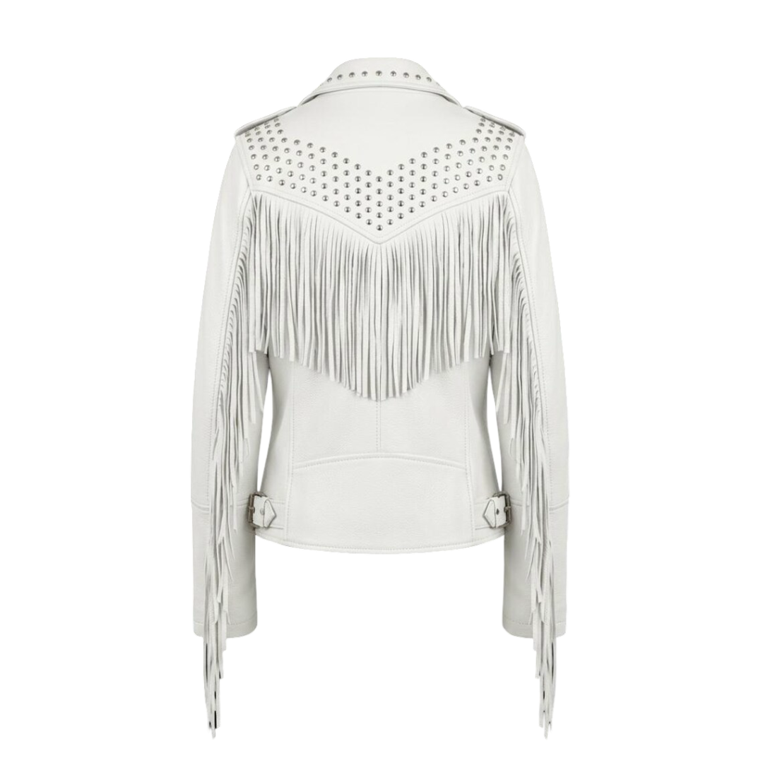 Back view of white punk rock leather biker jacket with fringe

