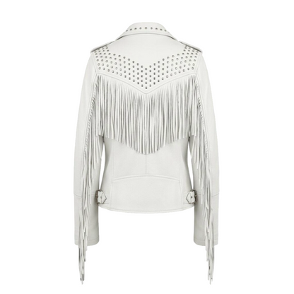Back view of white punk rock leather biker jacket with fringe


