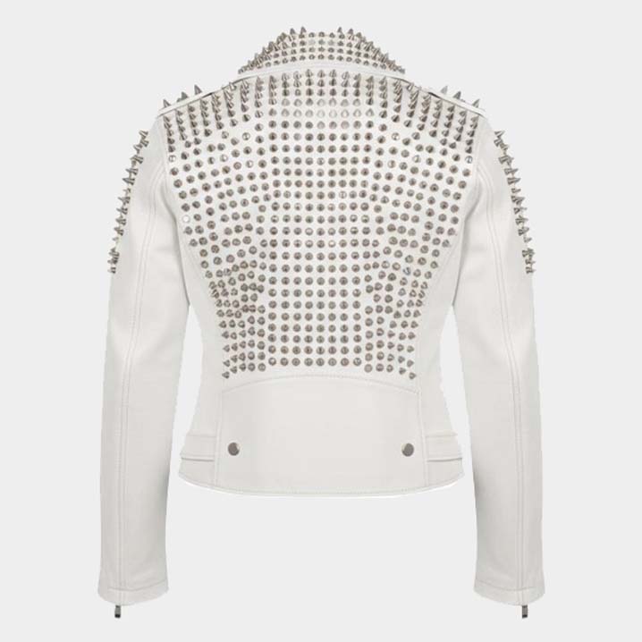 Men White Studded Leather Biker Jacket Premium Punk Rock Style