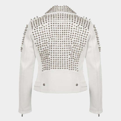 Men White Studded Leather Biker Jacket Premium Punk Rock Style