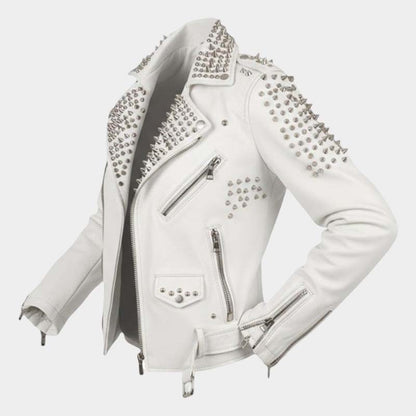 Men White Studded Leather Biker Jacket Premium Punk Rock Style