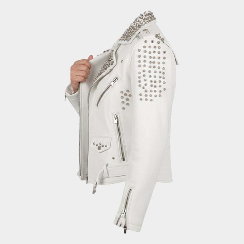 Men White Studded Leather Biker Jacket Premium Punk Rock Style
