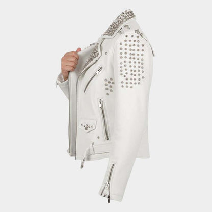 Men White Studded Leather Biker Jacket Premium Punk Rock Style