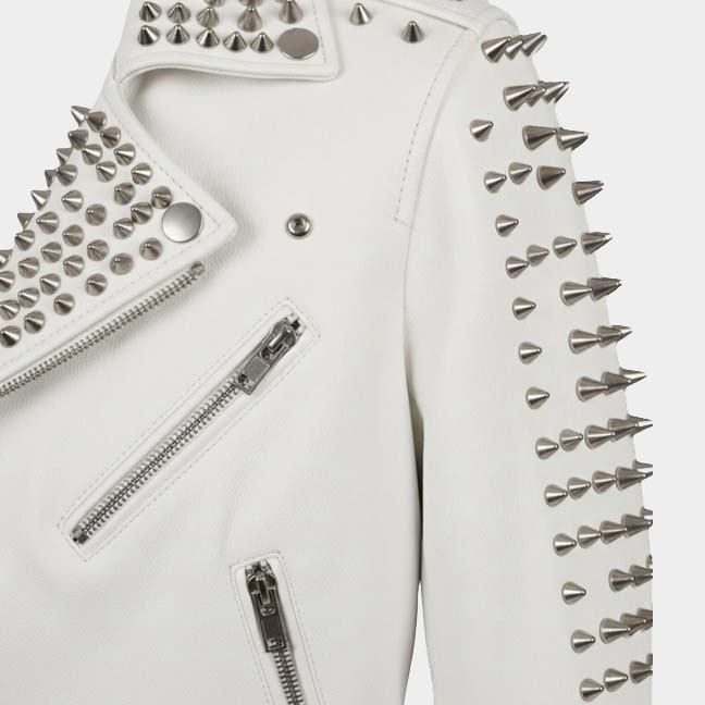 Men White Studded Leather Biker Jacket Premium Punk Rock Style