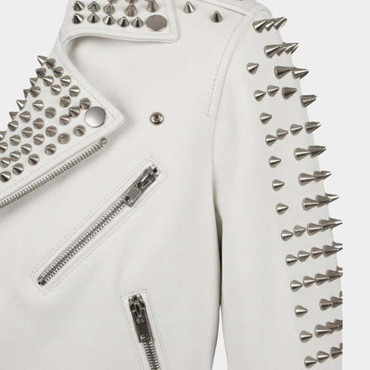 Men White Studded Leather Biker Jacket Premium Punk Rock Style