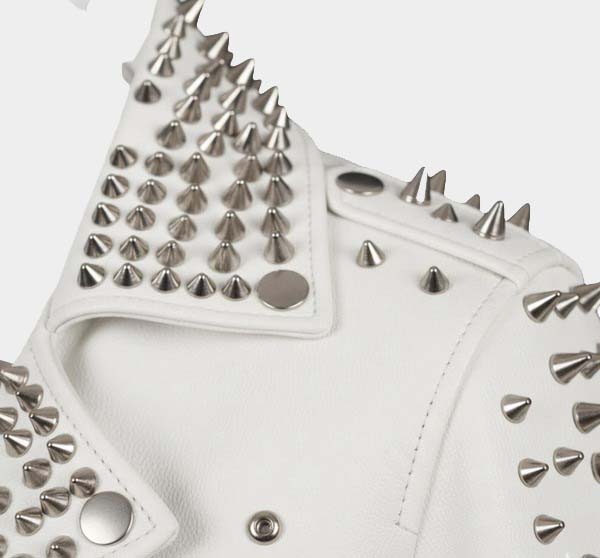 Men White Studded Leather Biker Jacket Premium Punk Rock Style