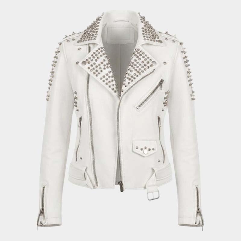 Men White Studded Leather Biker Jacket Premium Punk Rock Style