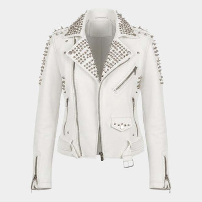 Men White Studded Leather Biker Jacket Premium Punk Rock Style