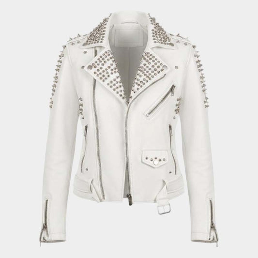 Men White Studded Leather Biker Jacket Premium Punk Rock Style