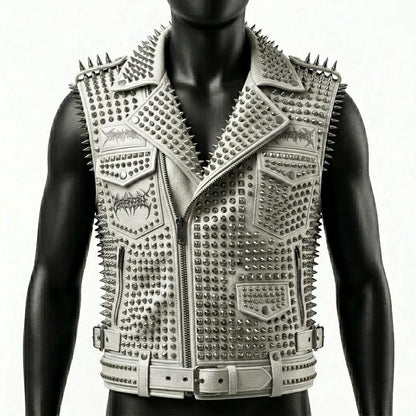 Front view of white studded leather biker vest with heavy spike detailing