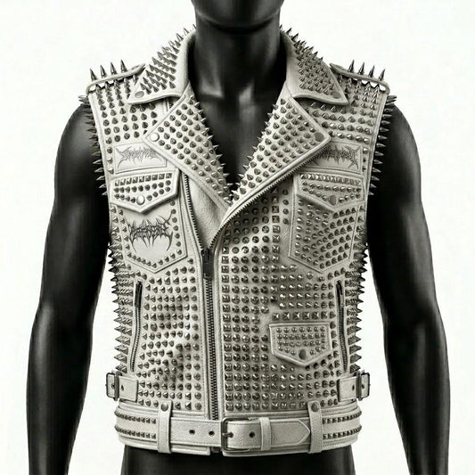 Front view of white studded leather biker vest with heavy spike detailing