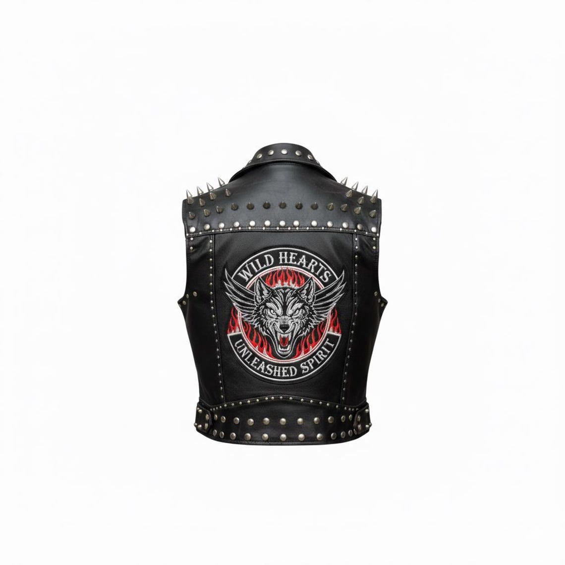 Back view of women leather biker vest featuring detailed wolf patch