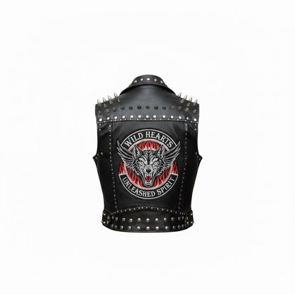Back view of women leather biker vest featuring detailed wolf patch