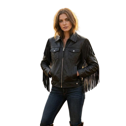 Front view of women black leather fringe jacket western moto style