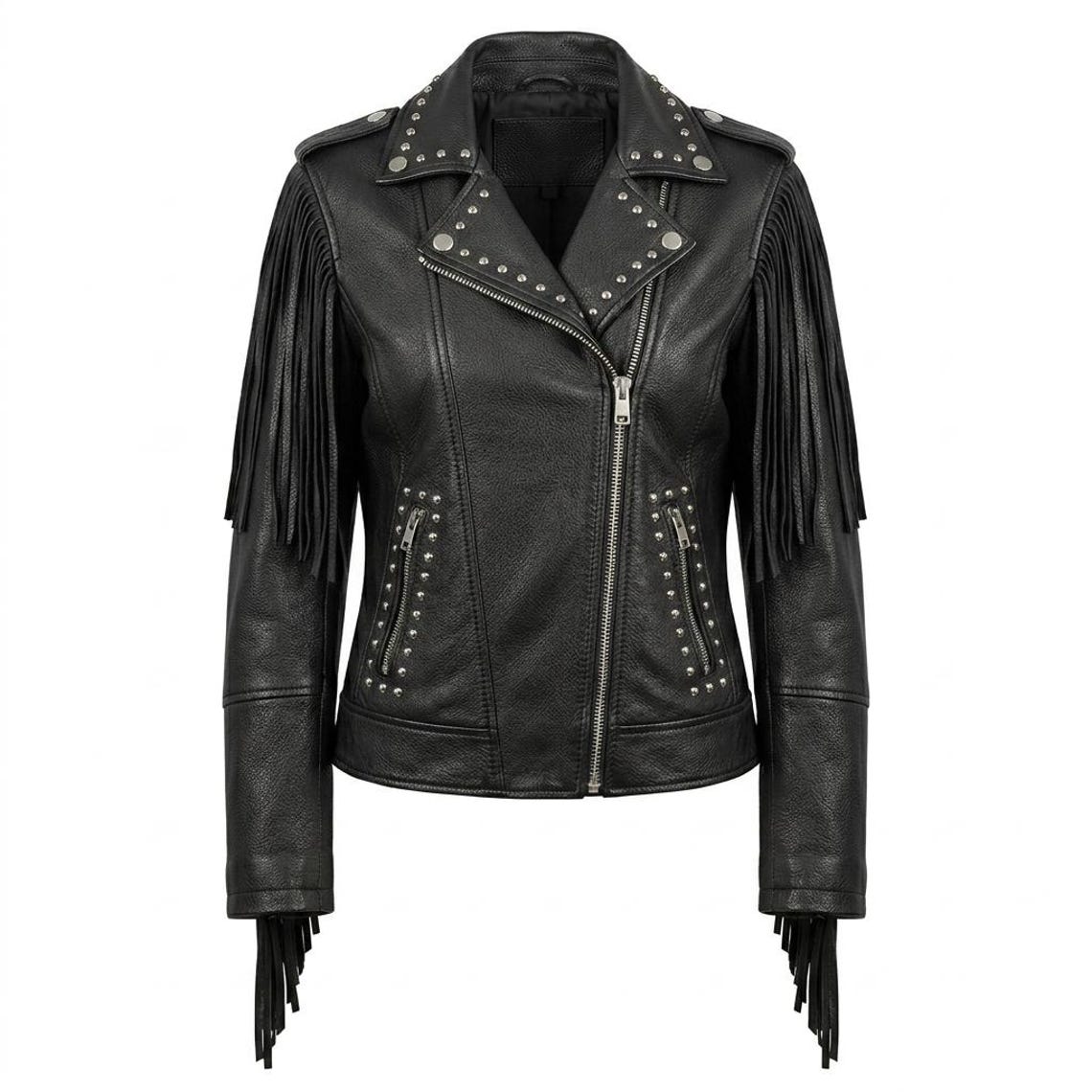 Front view of women black leather fringe studded biker jacket slim fit