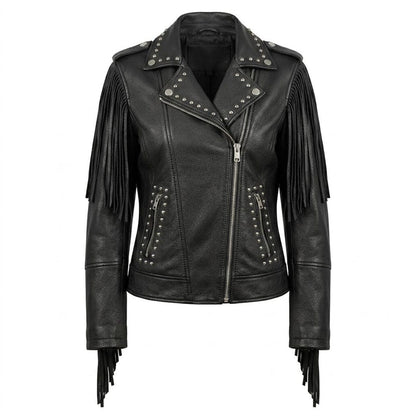 Front view of women black leather fringe studded biker jacket slim fit