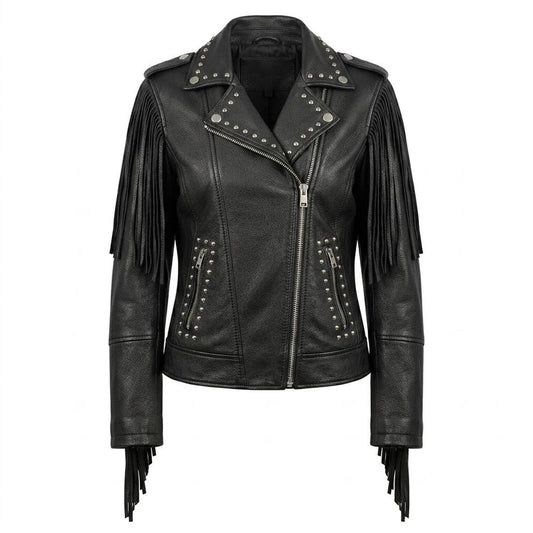 Front view of women black leather fringe studded biker jacket slim fit