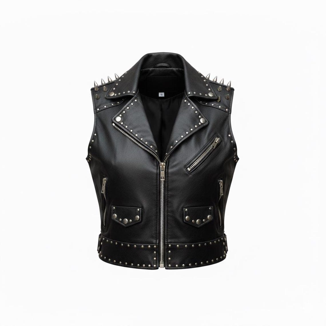  Front view of women black studded leather biker vest with snap closure