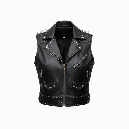  Front view of women black studded leather biker vest with snap closure