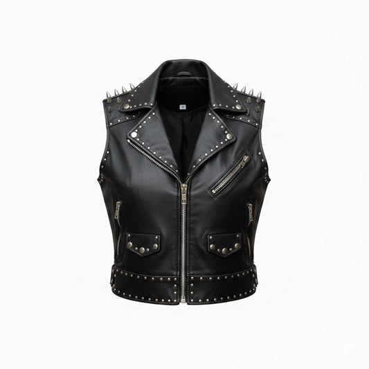  Front view of women black studded leather biker vest with snap closure