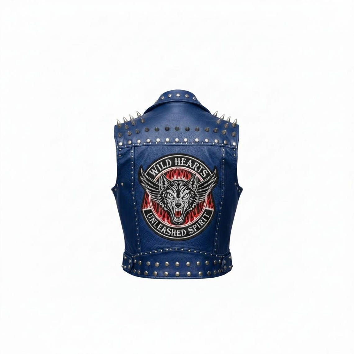 Back view showing wolf patch on women blue studded leather biker vest