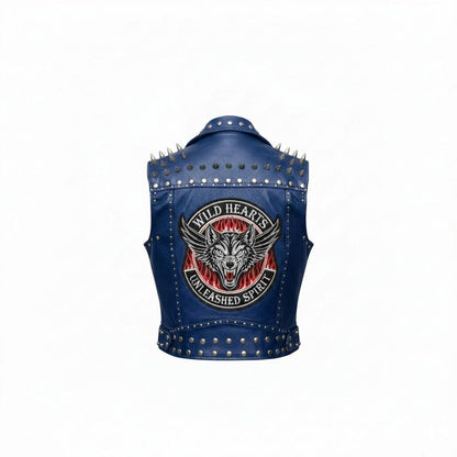 Back view showing wolf patch on women blue studded leather biker vest