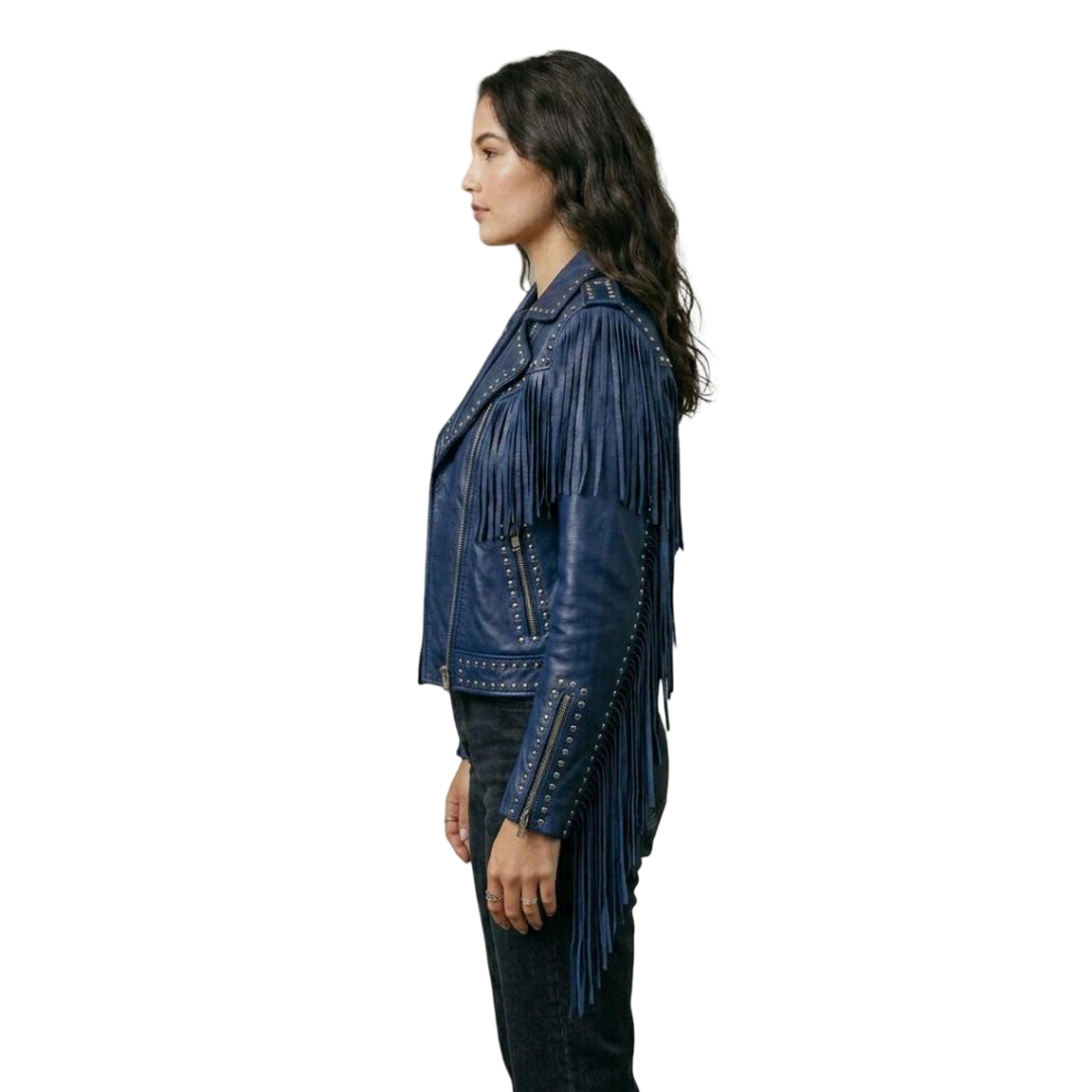 Side profile of women blue studded biker leather jacket