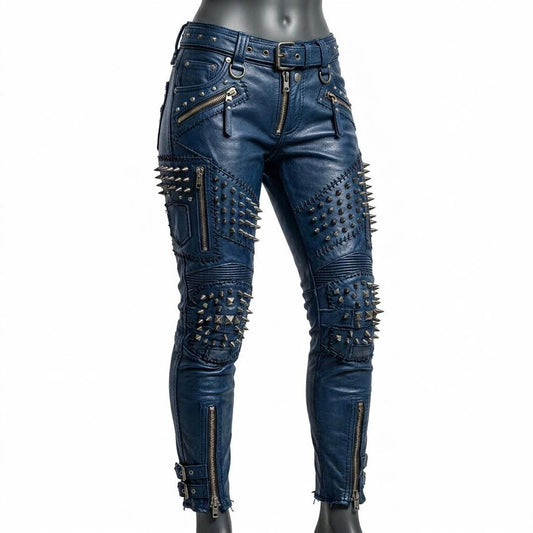  Front view of women blue studded leather pant with skinny biker fit