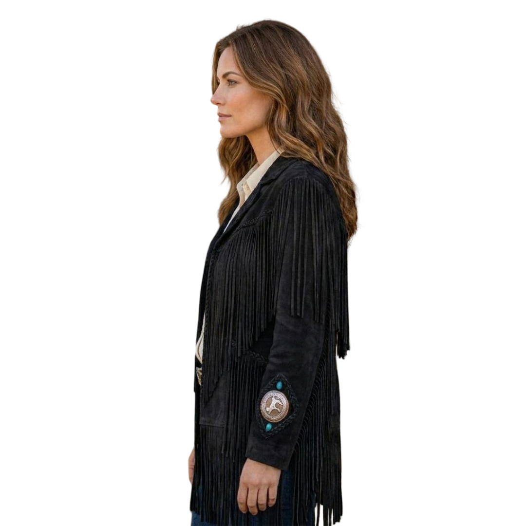 Side angle of women cowgirl fringe suede leather coat in black