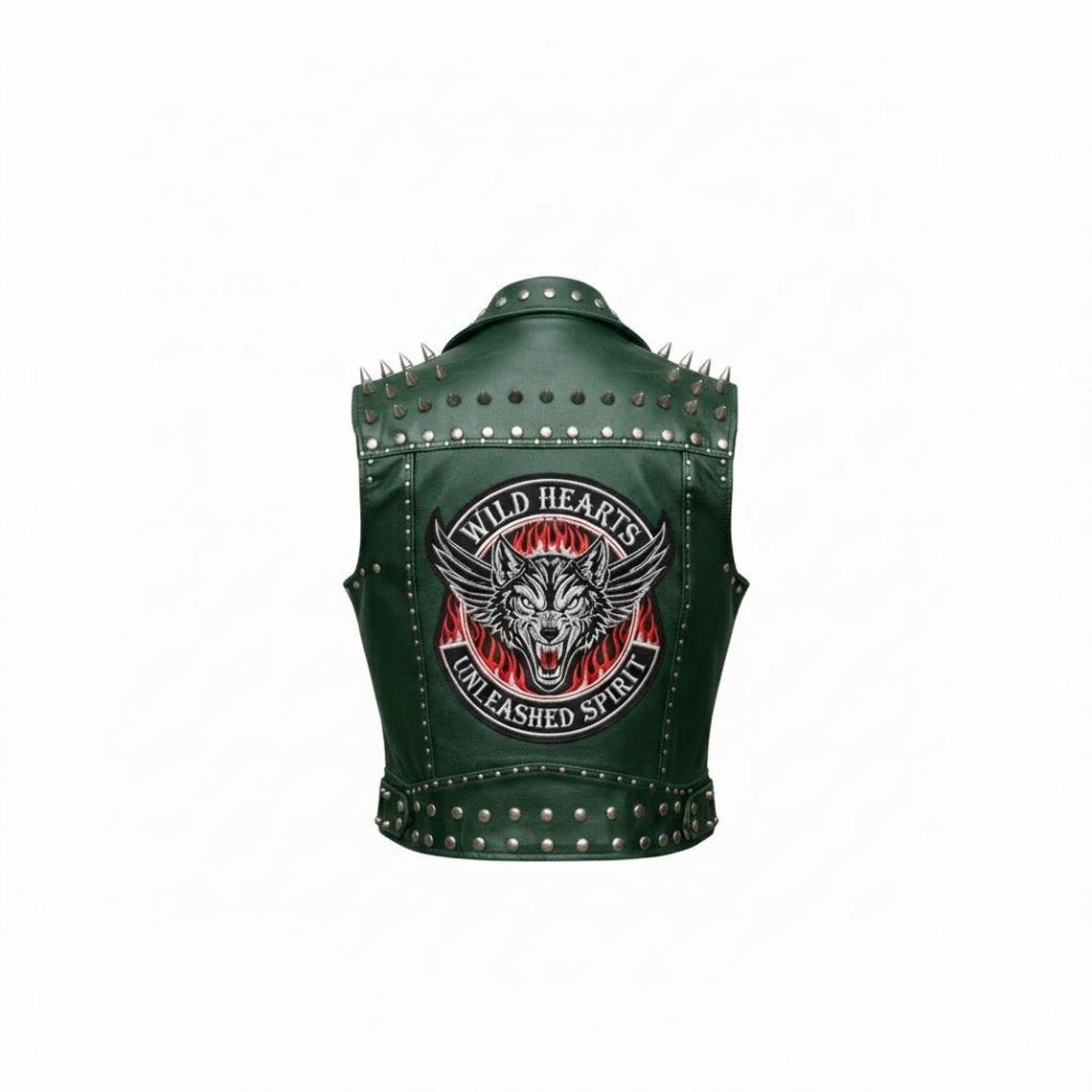 Back view showing wolf patch on women green leather biker vest