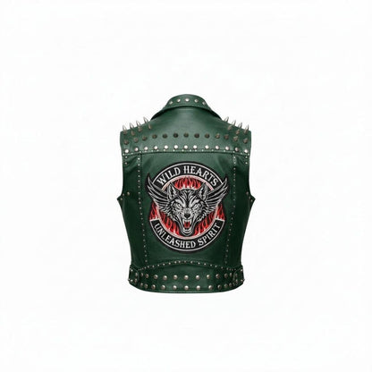 Back view showing wolf patch on women green leather biker vest