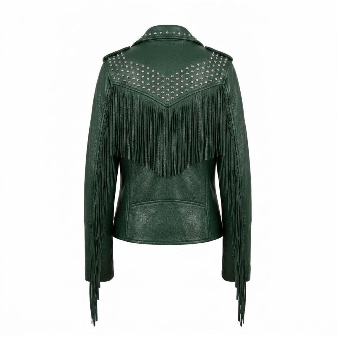 Back view of women green studded fringe leather biker jacket with western fringe detail and slim fit design