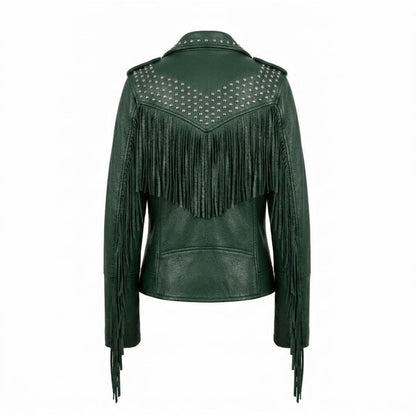 Back view of women green studded fringe leather biker jacket with western fringe detail and slim fit design