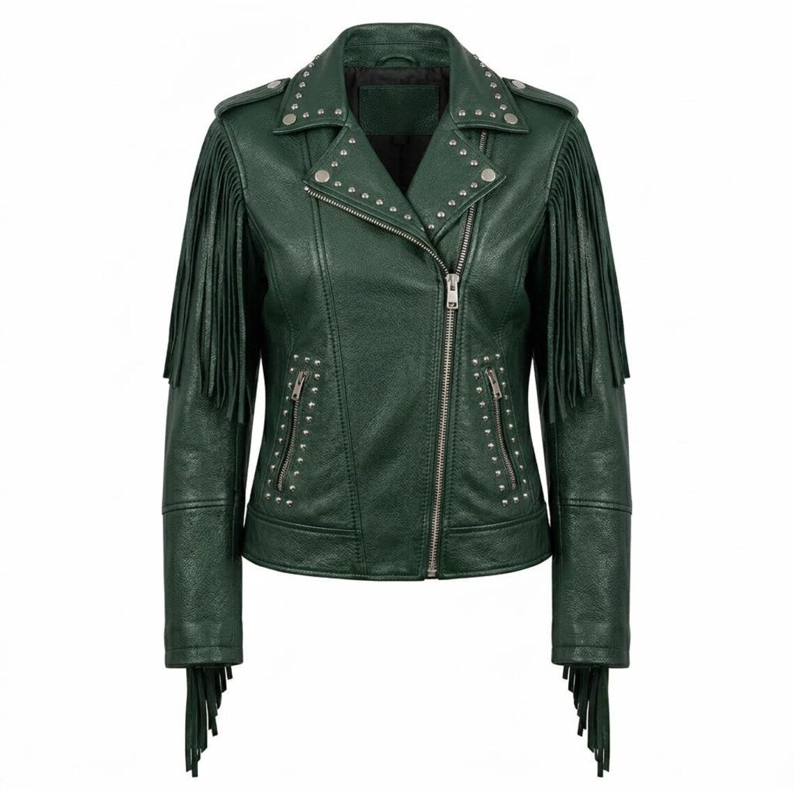 Front view of women green studded fringe leather biker jacket slim fit moto style