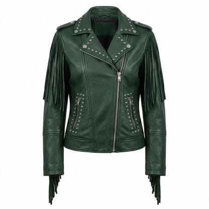 Front view of women green studded fringe leather biker jacket slim fit moto style