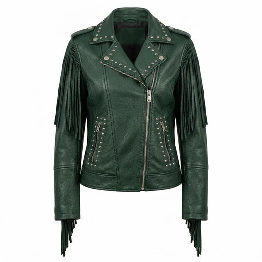 Front view of women green studded fringe leather biker jacket slim fit moto style