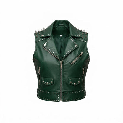  Front view of women green studded leather biker vest with wolf patch