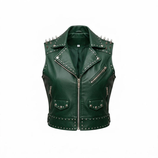  Front view of women green studded leather biker vest with wolf patch